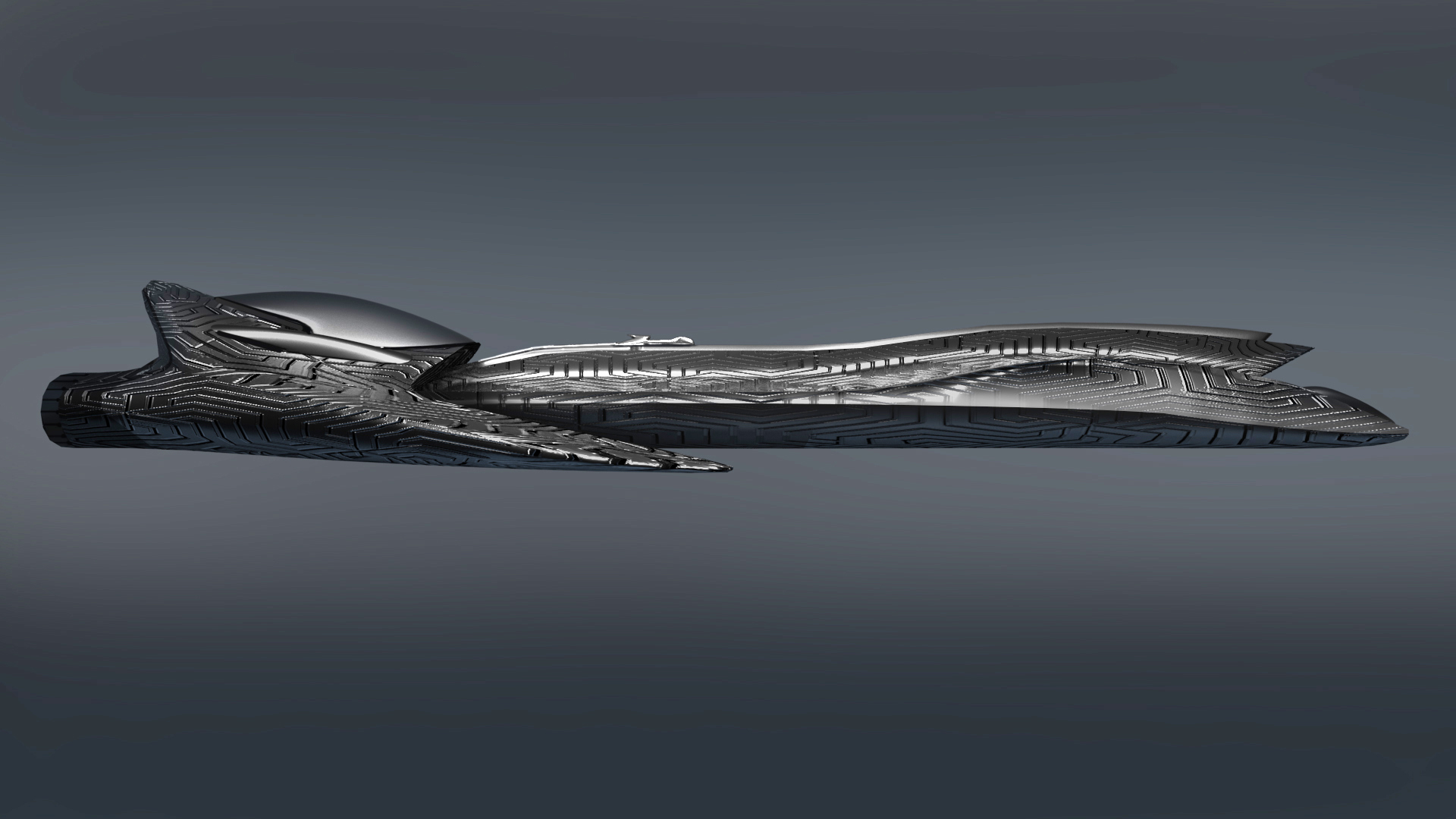 The Ghistil, an elongated metallic spacecraft shown from the side